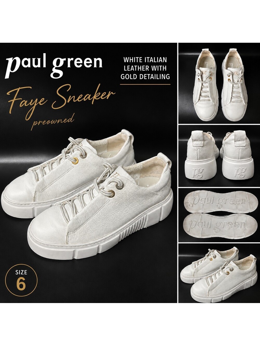 Paul Green Faye Sneaker White Italian Leather Size 6 $378